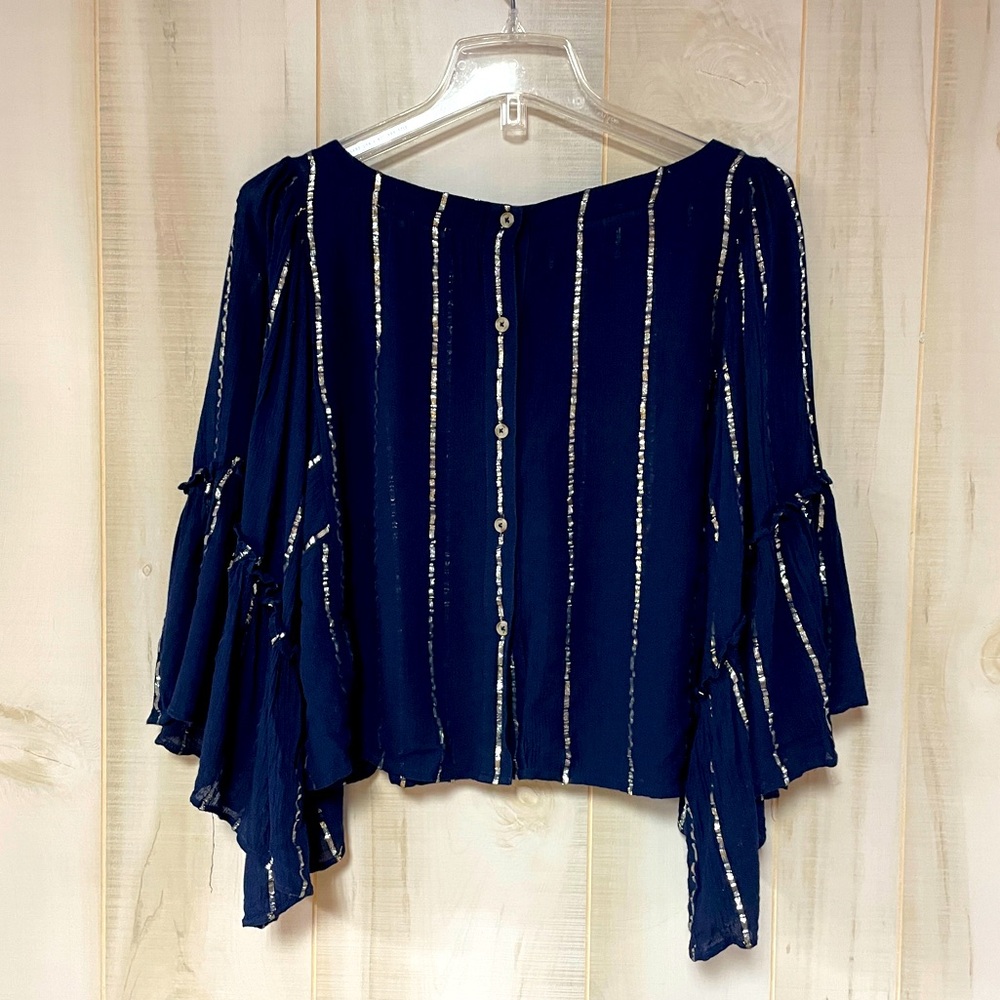 Anthropologie Floreat Navy Blue Silver Metallic Stripe Flowy Sleeve Top Sz S - Picture 2 of 6